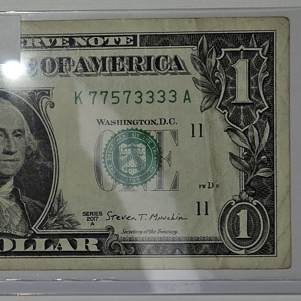 Very‎ Rare 2017A One Dollar Bill Trinary/Quad/Odd Fancy SN  K77573333A (B255)